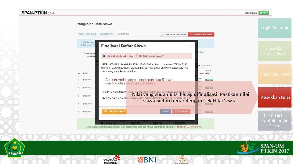 Login Sekolah Masukkan Kuota Siswa Masukkan KKM Nilai yang sudah diisi harap difinalisasi. Pastikan