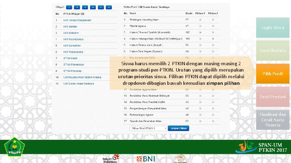 Login Siswa Entri Biodata Siswa harus memilih 2 PTKIN dengan masing-masing 2 program studi