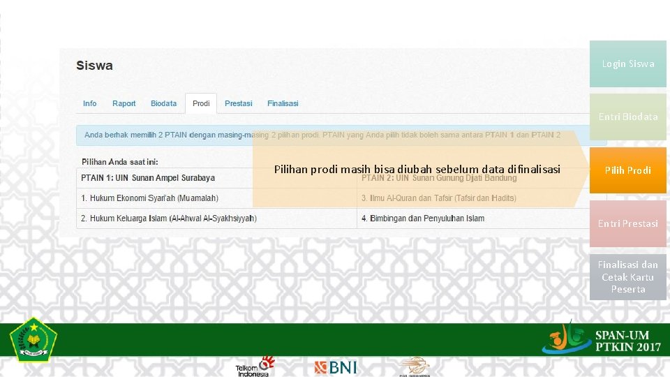 Login Siswa Entri Biodata Pilihan prodi masih bisa diubah sebelum data difinalisasi Pilih Prodi