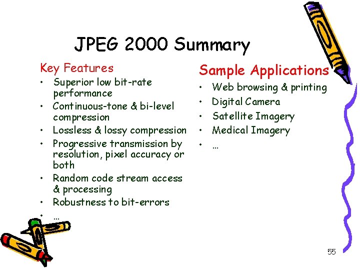 JPEG 2000 Summary Key Features • Superior low bit-rate performance • Continuous-tone & bi-level