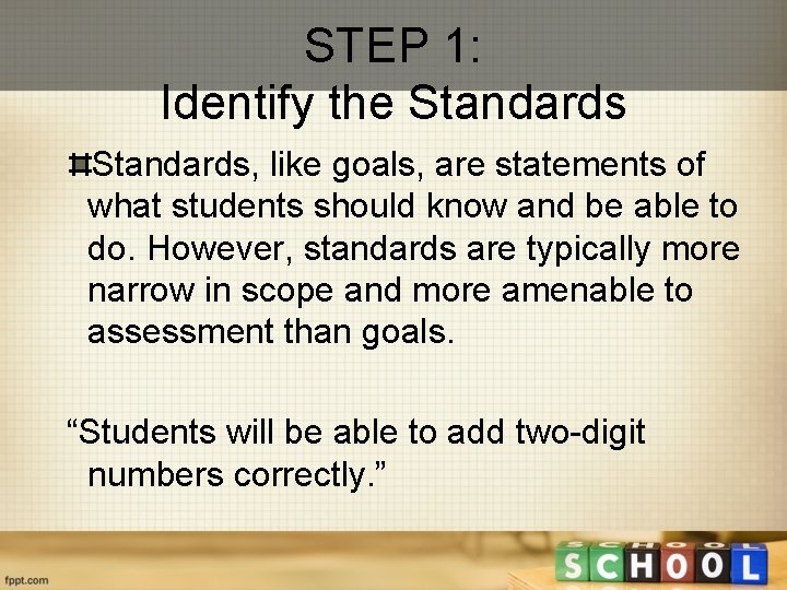STEP 1: Identify the Standards, like goals, are statements of what students should know