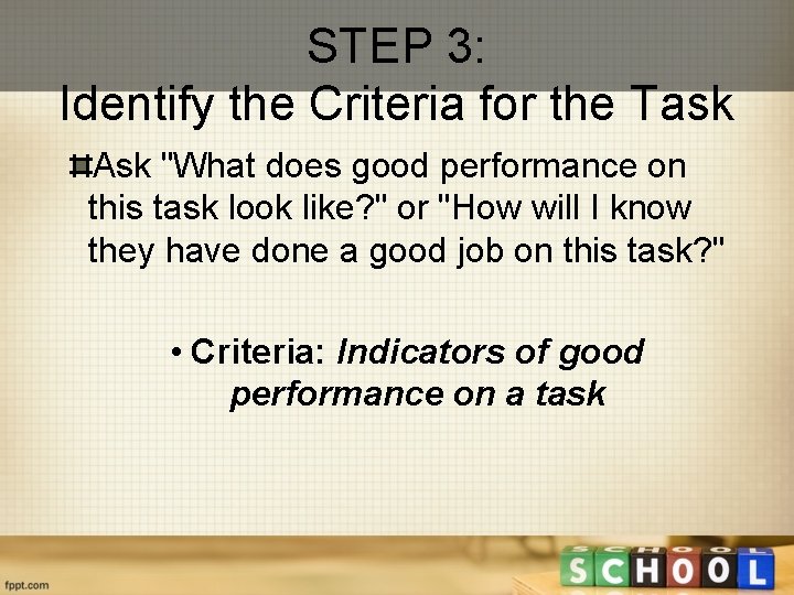 STEP 3: Identify the Criteria for the Task Ask "What does good performance on