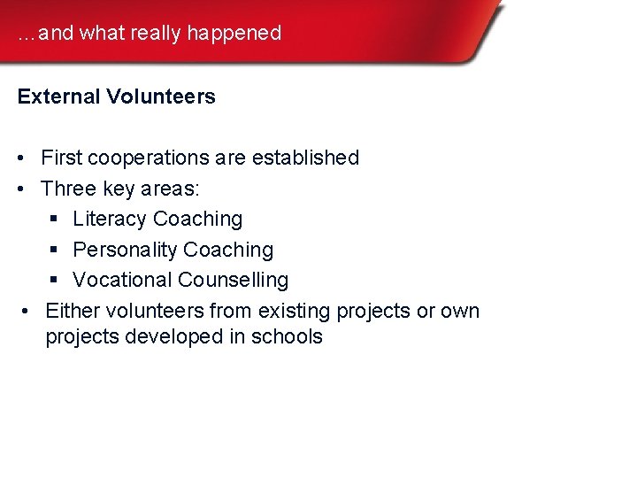 …and what really happened External Volunteers • First cooperations are established • Three key