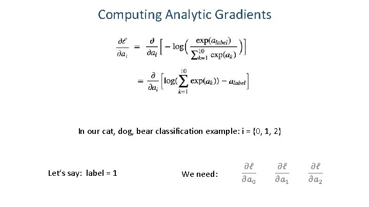 Computing Analytic Gradients In our cat, dog, bear classification example: i = {0, 1,