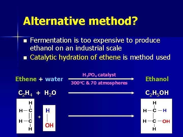 Alternative method? n n Fermentation is too expensive to produce ethanol on an industrial
