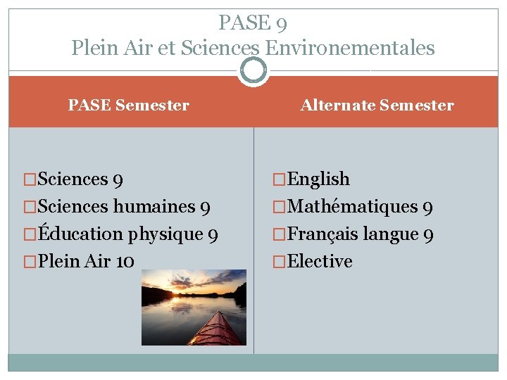 PASE 9 Plein Air et Sciences Environementales PASE Semester Alternate Semester �Sciences 9 �English