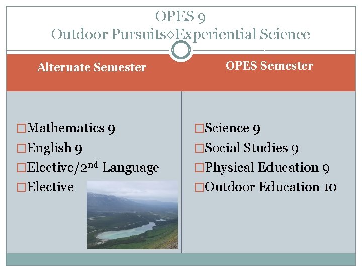 OPES 9 Outdoor Pursuits◊Experiential Science Alternate Semester OPES Semester �Mathematics 9 �Science 9 �English