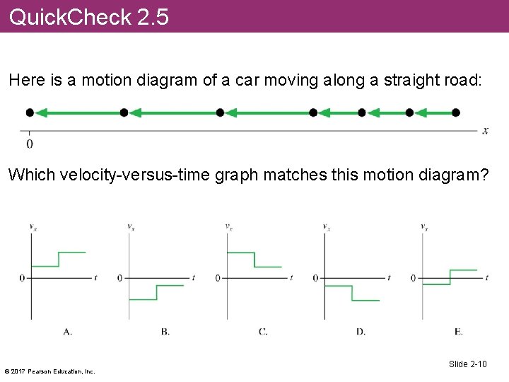 Quick. Check 2. 5 Here is a motion diagram of a car moving along
