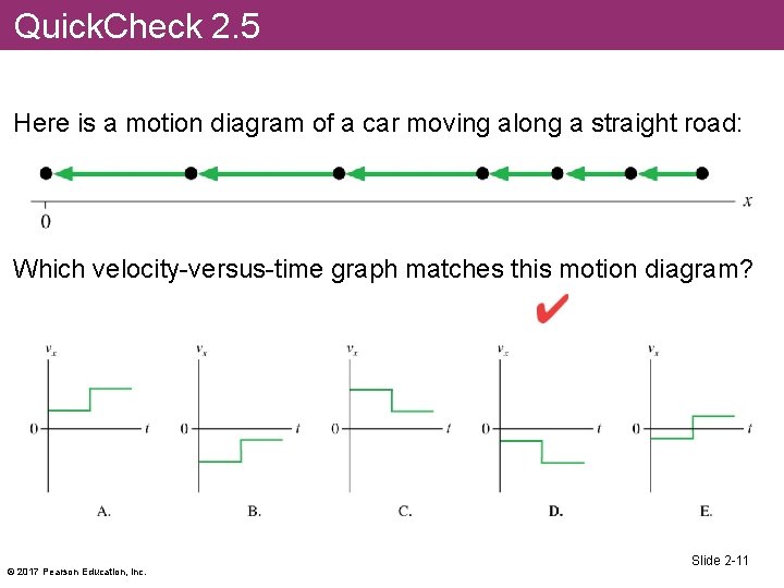 Quick. Check 2. 5 Here is a motion diagram of a car moving along