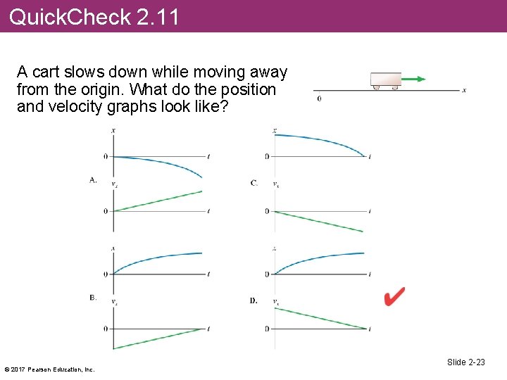 Quick. Check 2. 11 A cart slows down while moving away from the origin.