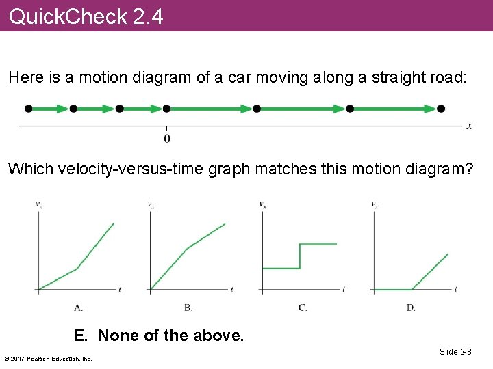 Quick. Check 2. 4 Here is a motion diagram of a car moving along