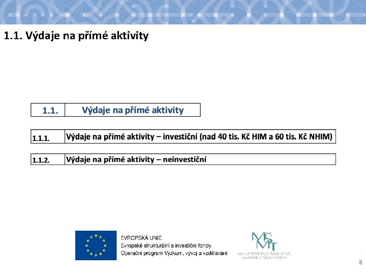1. 1. Výdaje na přímé aktivity 8 