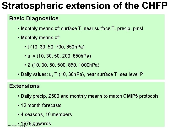 Stratospheric extension of the CHFP Basic Diagnostics • Monthly means of: surface T, near