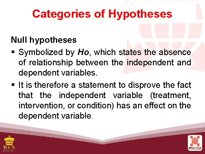 Categories of Hypotheses Null hypotheses § Symbolized by Ho, which states the absence of
