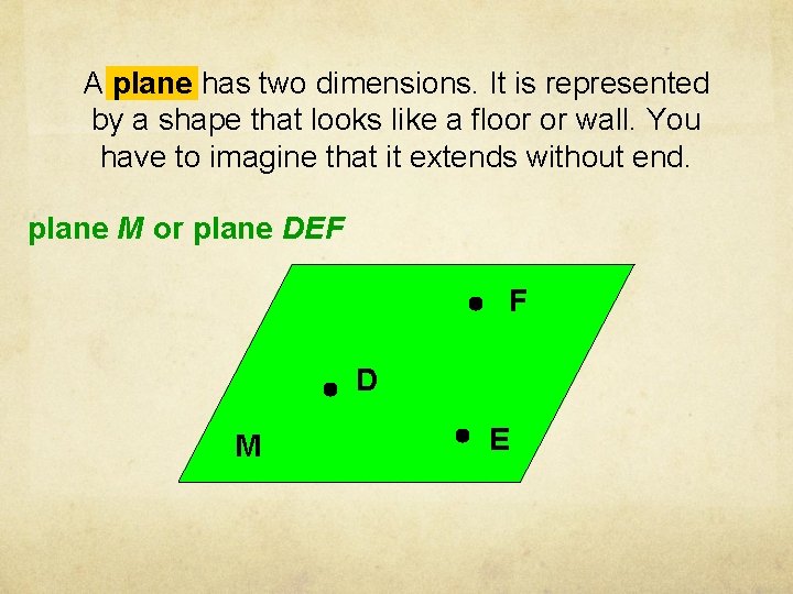 A plane has two dimensions. It is represented by a shape that looks like