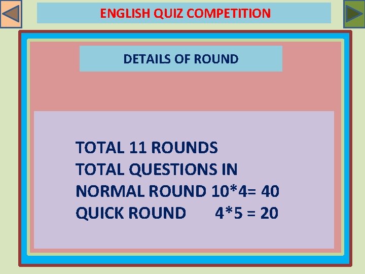 ENGLISH QUIZ COMPETITION DETAILS OF ROUND TOTAL 11 ROUNDS TOTAL QUESTIONS IN NORMAL ROUND
