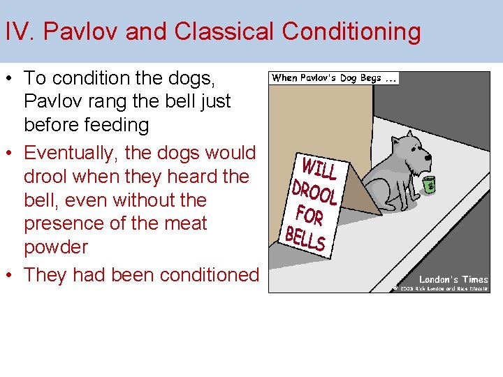 IV. Pavlov and Classical Conditioning • To condition the dogs, Pavlov rang the bell