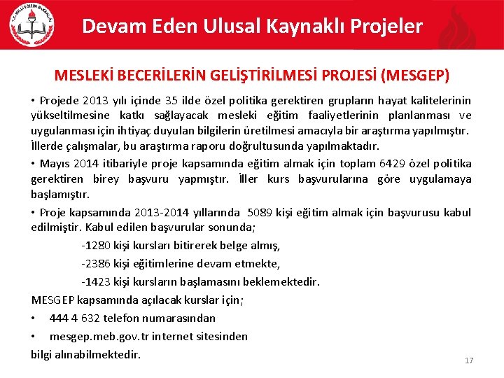 Devam Eden Ulusal Kaynaklı Projeler MESLEKİ BECERİLERİN GELİŞTİRİLMESİ PROJESİ (MESGEP) • Projede 2013 yılı