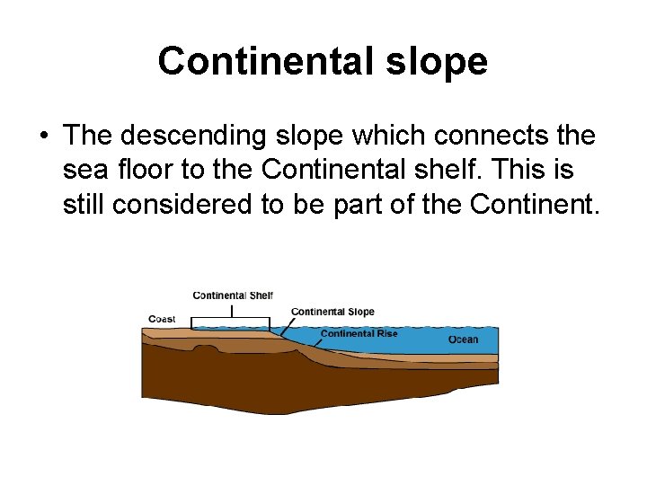 Continental slope • The descending slope which connects the sea floor to the Continental