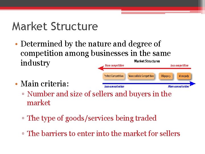 Market Structure • Determined by the nature and degree of competition among businesses in