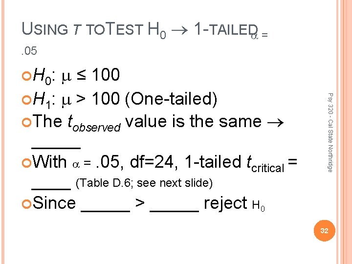 USING T TOTEST H 0 1 -TAILED =. 05 ≤ 100 H 1: >