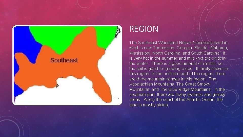 REGION The Southeast Woodland Native Americans lived in what is now Tennessee, Georgia, Florida,