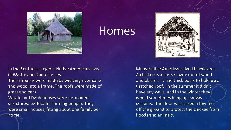 Homes In the Southeast region, Native Americans lived in Wattle and Daub houses. These
