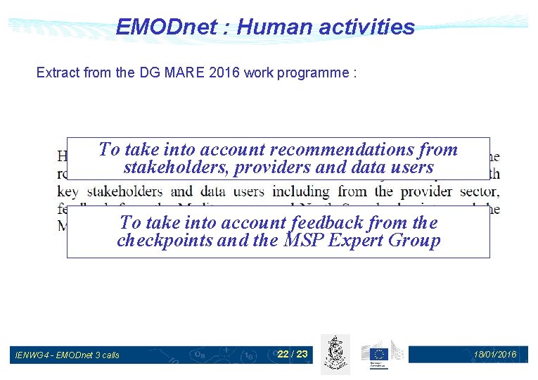 EMODnet : Human activities Extract from the DG MARE 2016 work programme : To