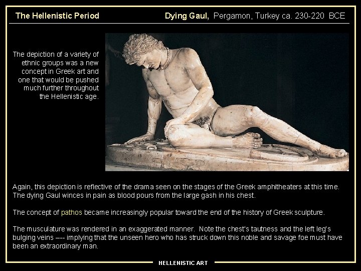 The Hellenistic Period Dying Gaul, Pergamon, Turkey ca. 230 -220 BCE The depiction of