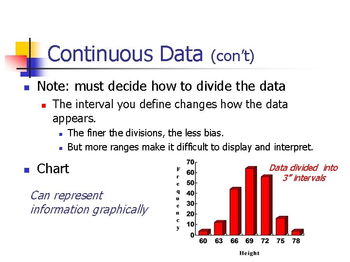 Continuous Data Note: must decide how to divide the data The interval you define