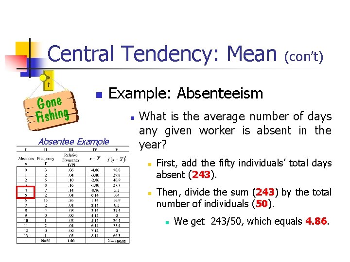 Central Tendency: Mean (con’t) Example: Absenteeism Absentee Example What is the average number of