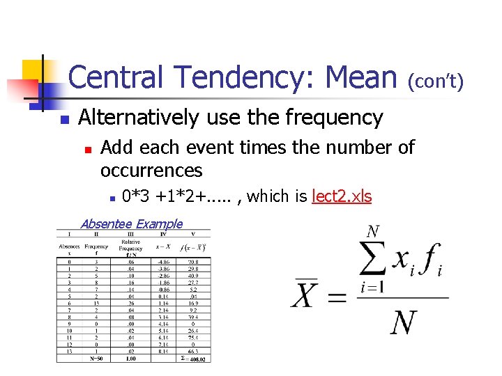 Central Tendency: Mean (con’t) Alternatively use the frequency Add each event times the number