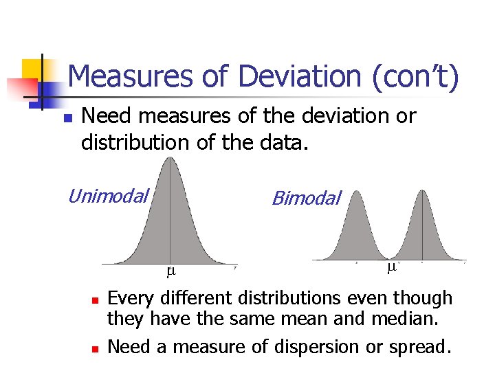 Measures of Deviation (con’t) Need measures of the deviation or distribution of the data.