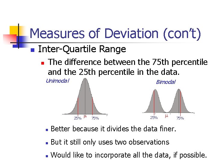 Measures of Deviation (con’t) Inter-Quartile Range The difference between the 75 th percentile and