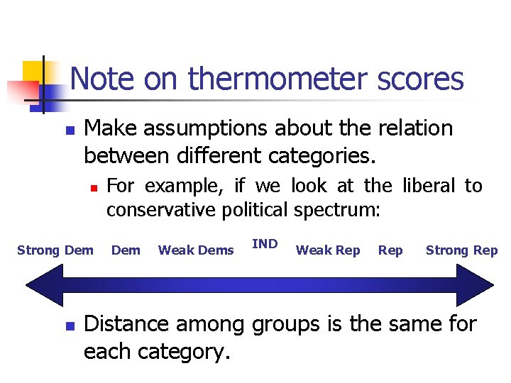 Note on thermometer scores Make assumptions about the relation between different categories. Strong Dem