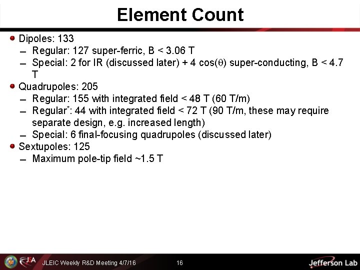 Element Count Dipoles: 133 Regular: 127 super-ferric, B < 3. 06 T Special: 2