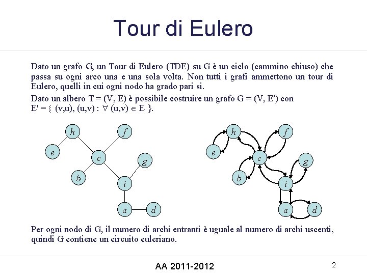 Tour di Eulero Dato un grafo G, un Tour di Eulero (TDE) su G