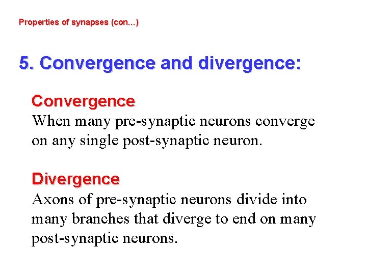 Properties of synapses (con…) 5. Convergence and divergence: Convergence When many pre-synaptic neurons converge