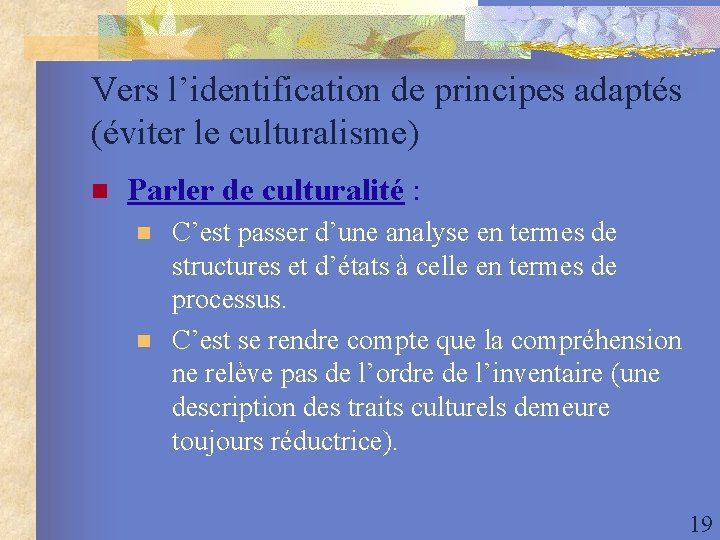 Vers l’identification de principes adaptés (éviter le culturalisme) n Parler de culturalité : n