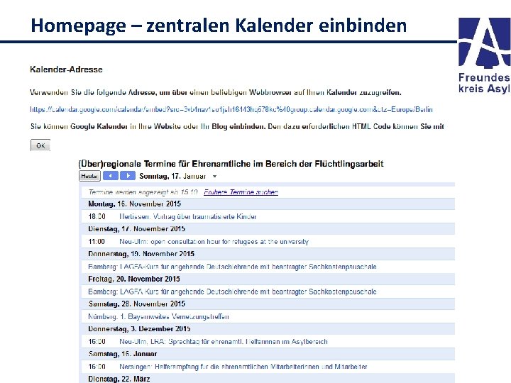 Homepage – zentralen Kalender einbinden 