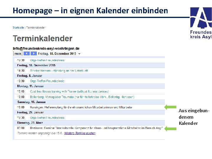 Homepage – in eignen Kalender einbinden Aus eingebundenem Kalender 