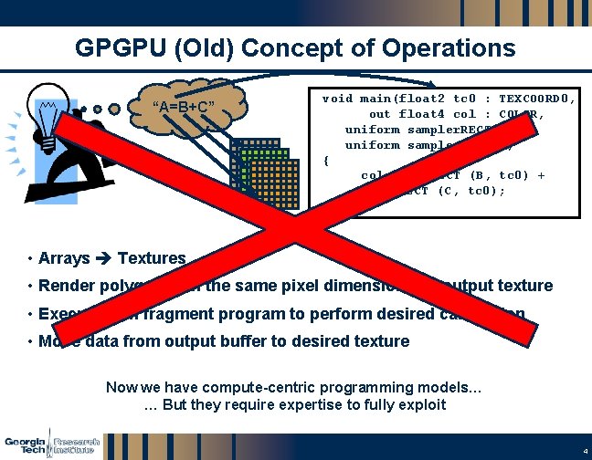 GPGPU (Old) Concept of Operations “A=B+C” void main(float 2 tc 0 : TEXCOORD 0,