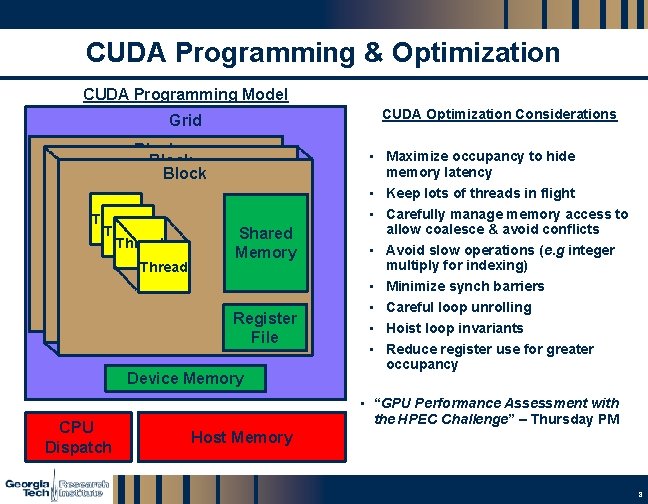 CUDA Programming & Optimization CUDA Programming Model CUDA Optimization Considerations Grid Block Datapath •