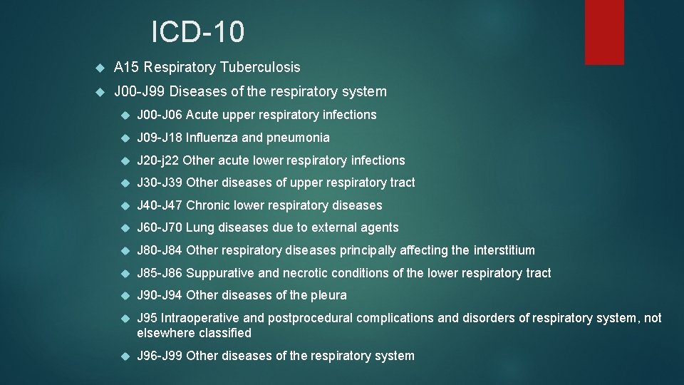 ICD-10 A 15 Respiratory Tuberculosis J 00 -J 99 Diseases of the respiratory system