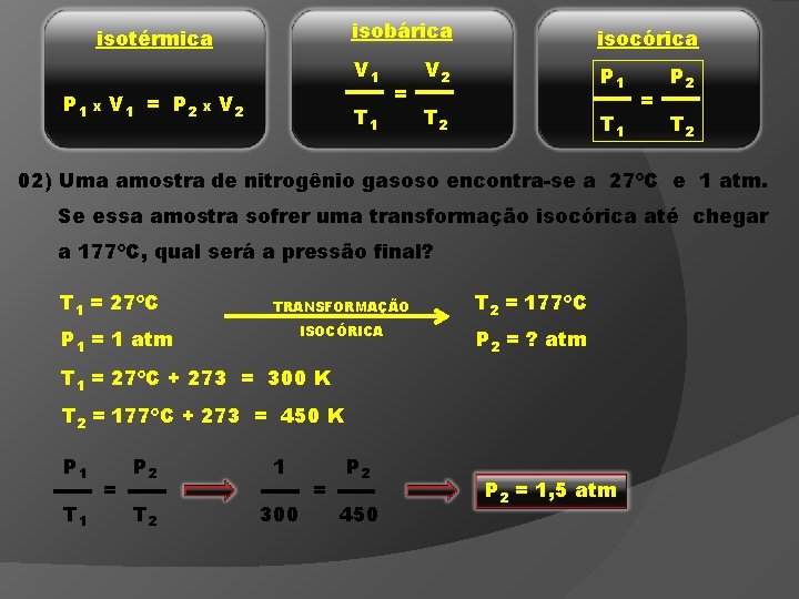 isotérmica P 1 x V 1 = P 2 x V 2 isobárica isocórica