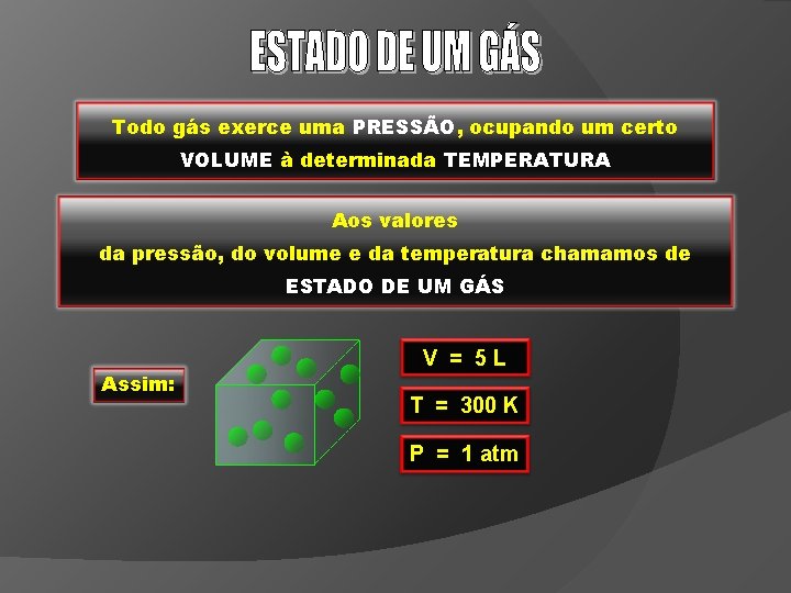 Todo gás exerce uma PRESSÃO, ocupando um certo VOLUME à determinada TEMPERATURA Aos valores
