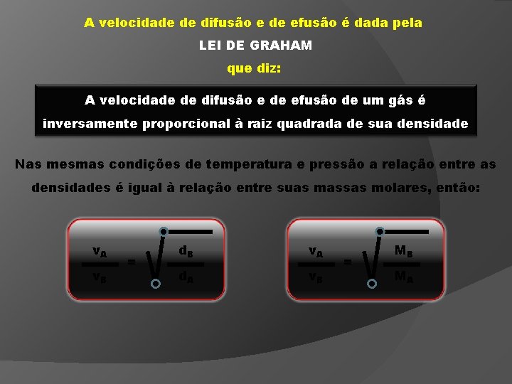 A velocidade de difusão e de efusão é dada pela LEI DE GRAHAM que