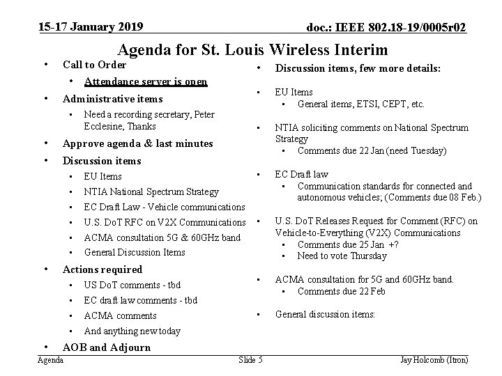 15 -17 January 2019 • Agenda for St. Louis Wireless Interim Call to Order