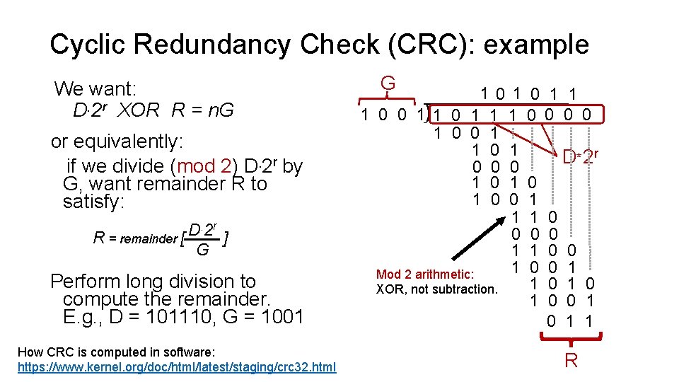 Cyclic Redundancy Check (CRC): example We want: D. 2 r XOR R = n.