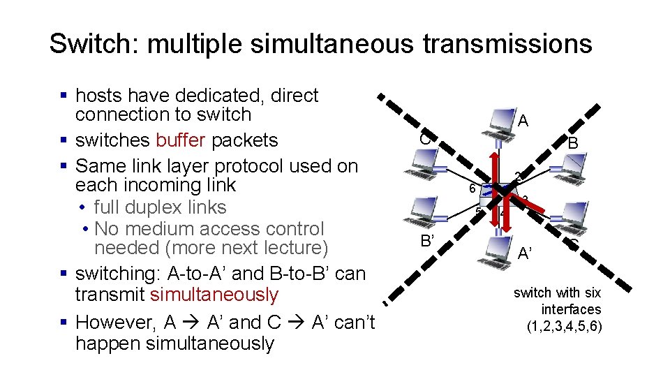 Switch: multiple simultaneous transmissions § hosts have dedicated, direct connection to switch § switches
